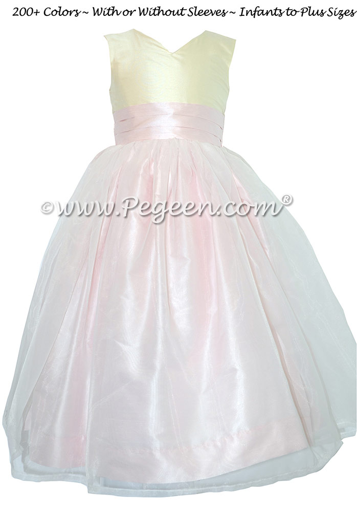 Bisque and Peony Pink Silk and Organza Silk Style 309 Flower Girl Dresses