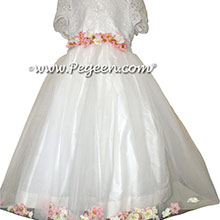 ALONCON LACE CUSTOM FLOWER GIRL DRESSES WITH TULLE AND APPLE BLOSSOM PETALS IN THE SKIRT