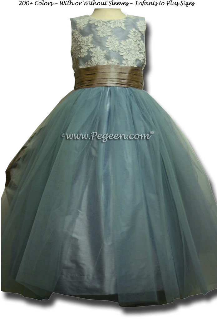 French blue and taupe tulle junior bridesmaids dresses Couture Style 413 with Tulle