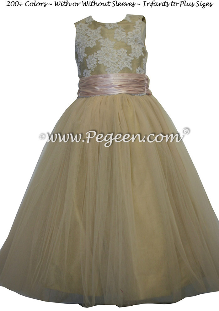 Spun gold and blush pink tulle junior bridesmaids dress Style 413