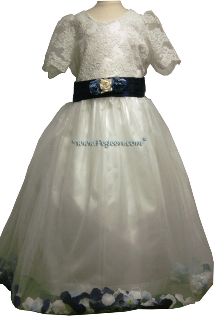 Navy and White Tulle Junior Bridesmaids Dress Style 333