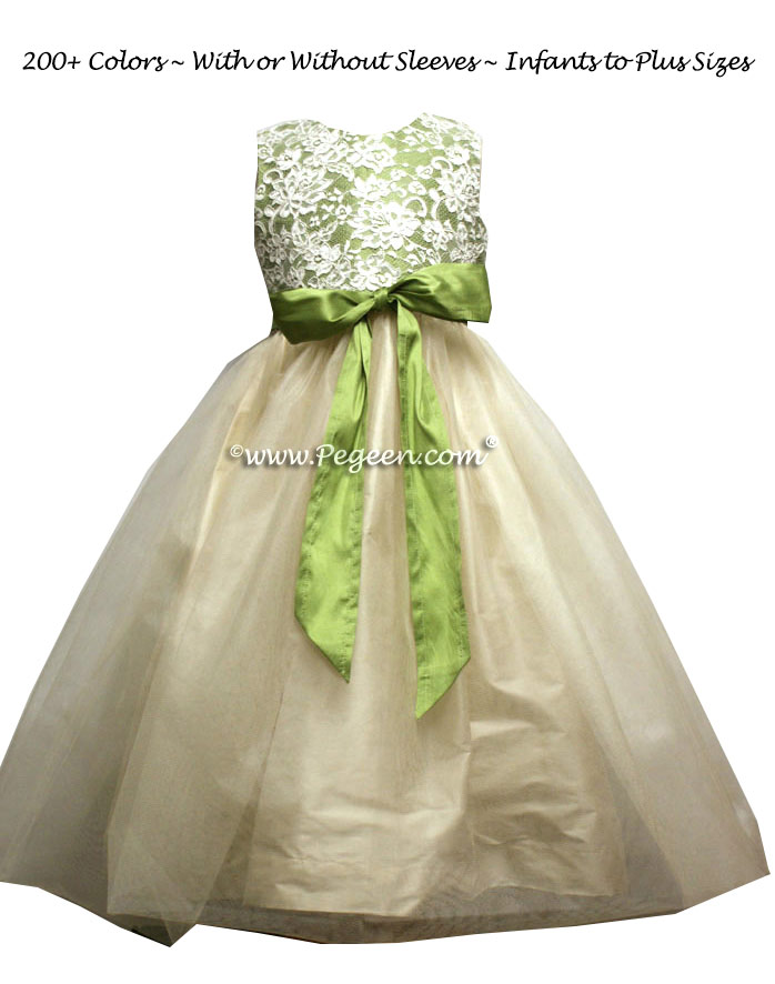 Green vine and bisque tulle flower girl dress and aloncon lace