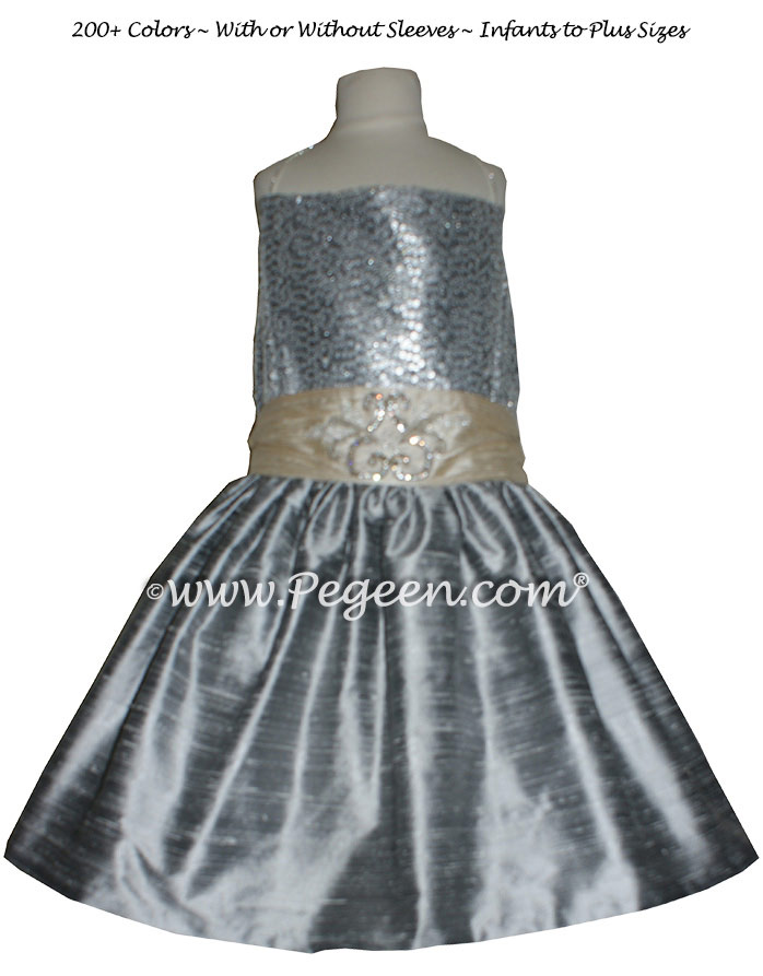 Silver Gray and Glitter Tulle Flower Girl Dresses Metallic Sparkle top Style 308