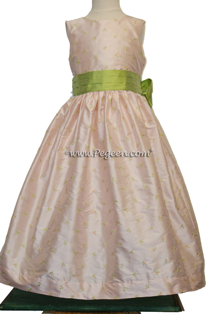 Embroidered Silk Flower Girl Dress in pink and sprite green | Pegeen