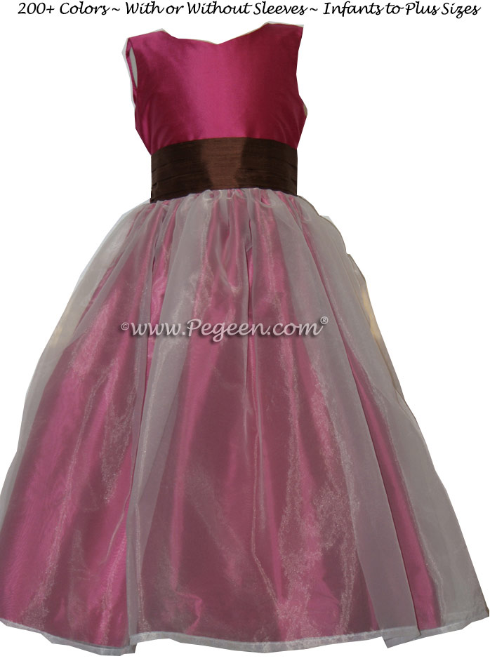 Magenta pink and chocolate brown custom silk Flower Girl Dress Style 309