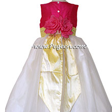 Ivory, Cerise (hot pink) and Lemonade (yellow)organza CUSTOM Flower Girl Dresses With back Flowers 