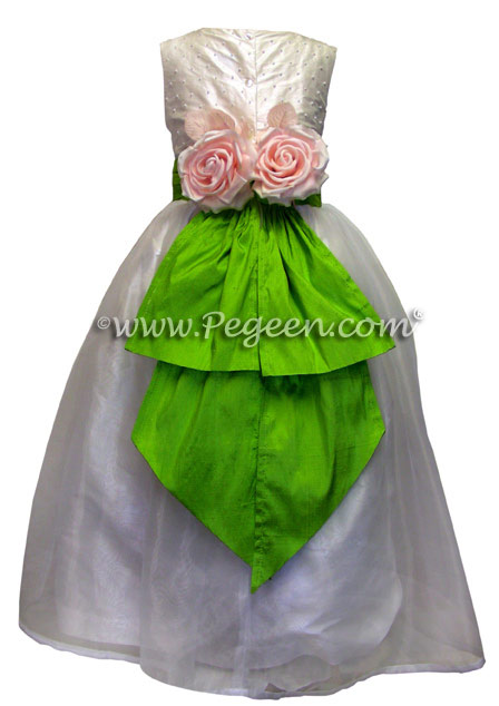 Custom Apple green and organza flower girl dresses in silk with pearls