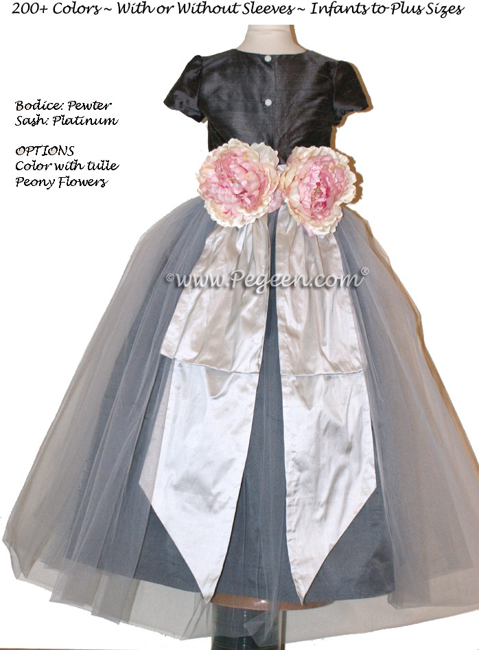 Platinum and Pewter Silk Flower Girl Dresses  Style 313