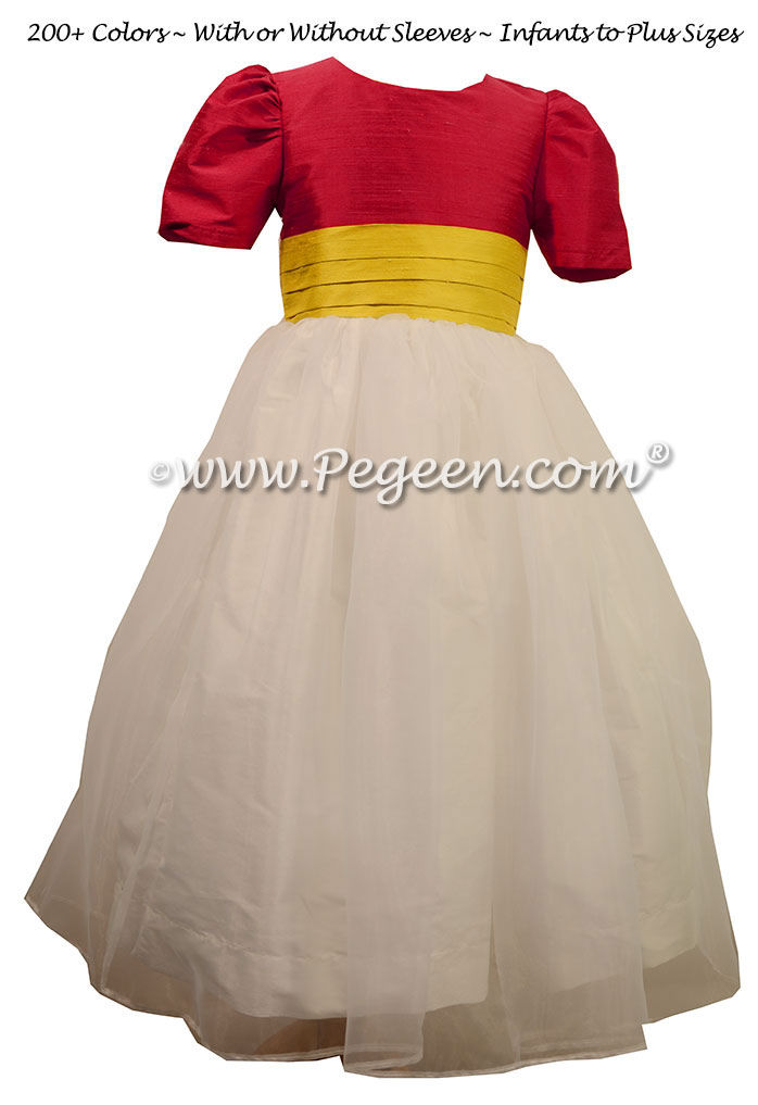 Antique White, Rouge and Saffron Silk Flower Girl Dresses  Style 313