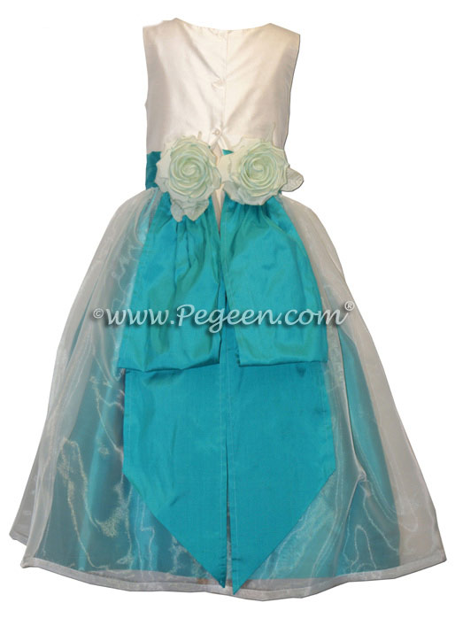 Turquoise and White Silk and Organza Flower Girl Dresses Style 313 