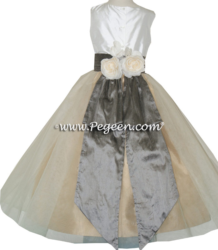 White and Wolf Gray and Spun Gold Tulle Flower Girl Dresses With Back Flowers Style 313