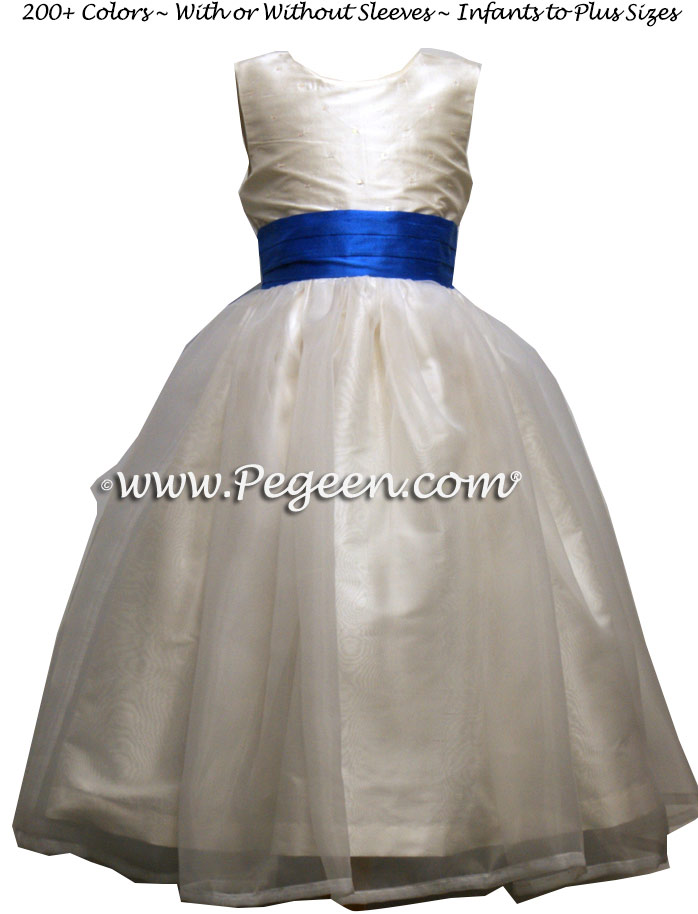 Antique White and Malibu Blue and Organza Flower Girl Dresses style 315
