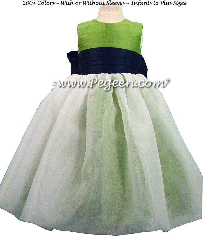 Key Lime green and Navy Blue Silk and Organza Flower Girl Dress style 326