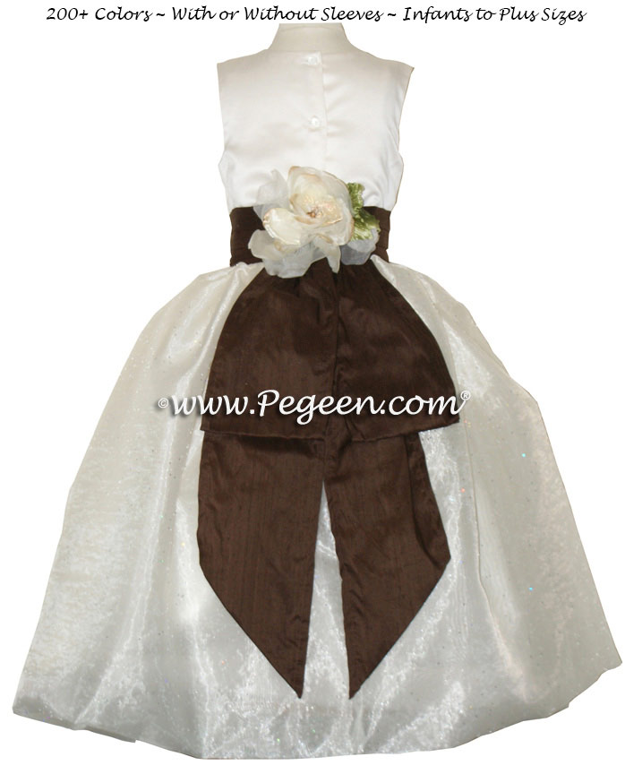 Chocolate brown and ivory satin with sugar organza flower girl dresses
