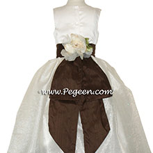 Chocolate brown and ivory satin CUSTOM FLOWER GIRL DRESS With back Flowers