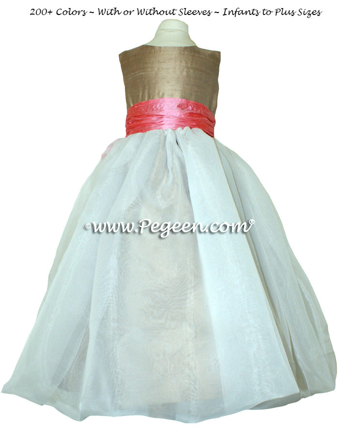 Flower Girl Dresses Style 802 in Gumdrop Pink and Antigua Taupe