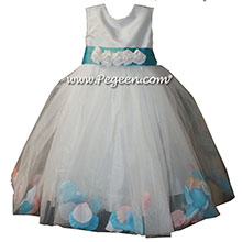 Bahama Breeze and Antique White Tulle and Silk Flower Girl Dresses