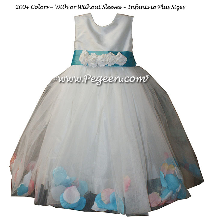 Tiffany Blue and Antique White Silk flower girl dresses - Style 333