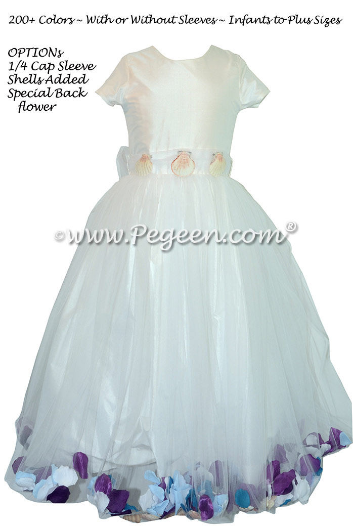 Flower Girl Dresses in Antique White with Petals and Sea Shells | Pegeen