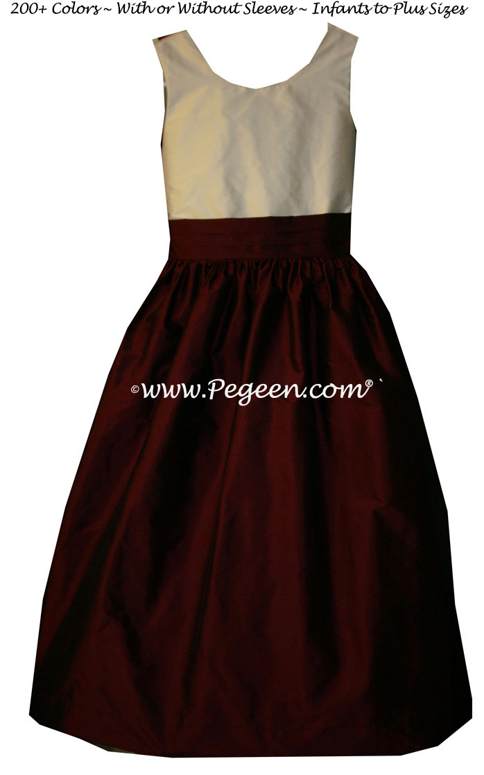 Custom Burgundy and New Ivory flower girl and Jr. Bridesmaids dresses in silk