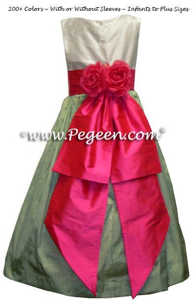 Sage Green Check and Shock Flower Girl Dresses with back flowers