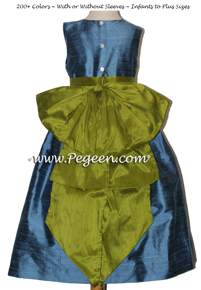 Arial blue and grass green flower girl dresses to match Ann Taylor
