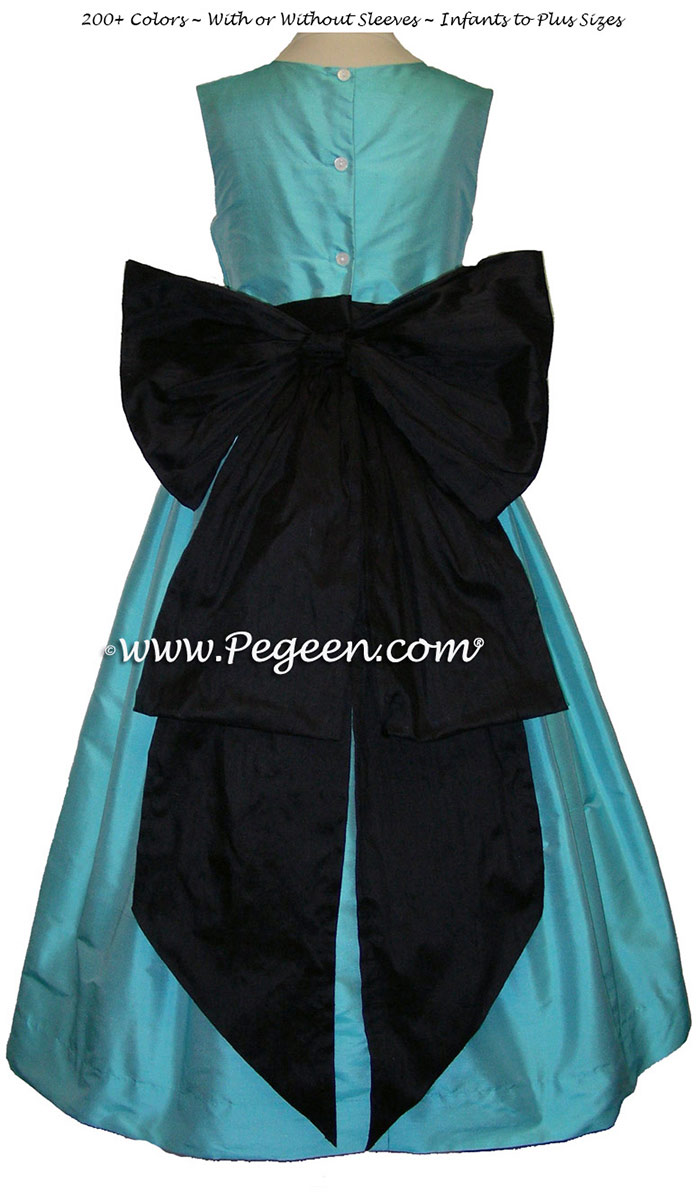 Flower girl dress in Bahama Breeze (turquoise) and black with Cinderella Bow