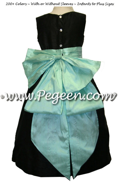 Black and Aqua Silk flower girl dress with Cinderella Bow