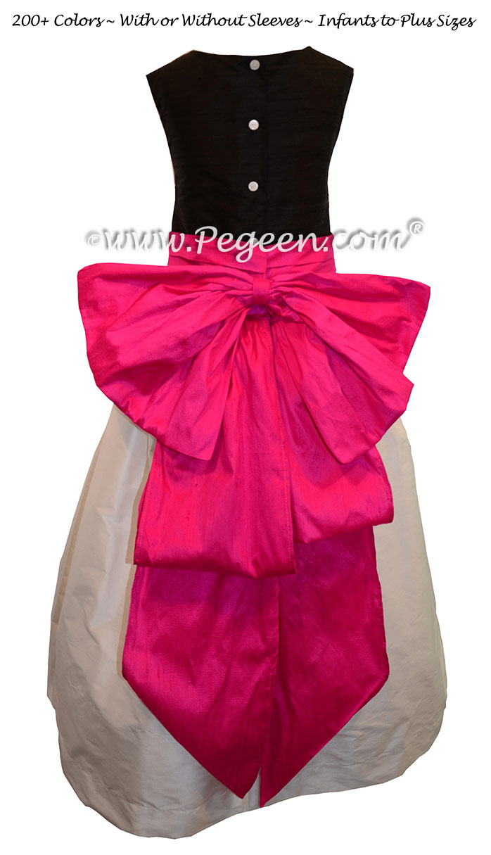 Antique White, Black and Luscious Pink silk flower girl dresses