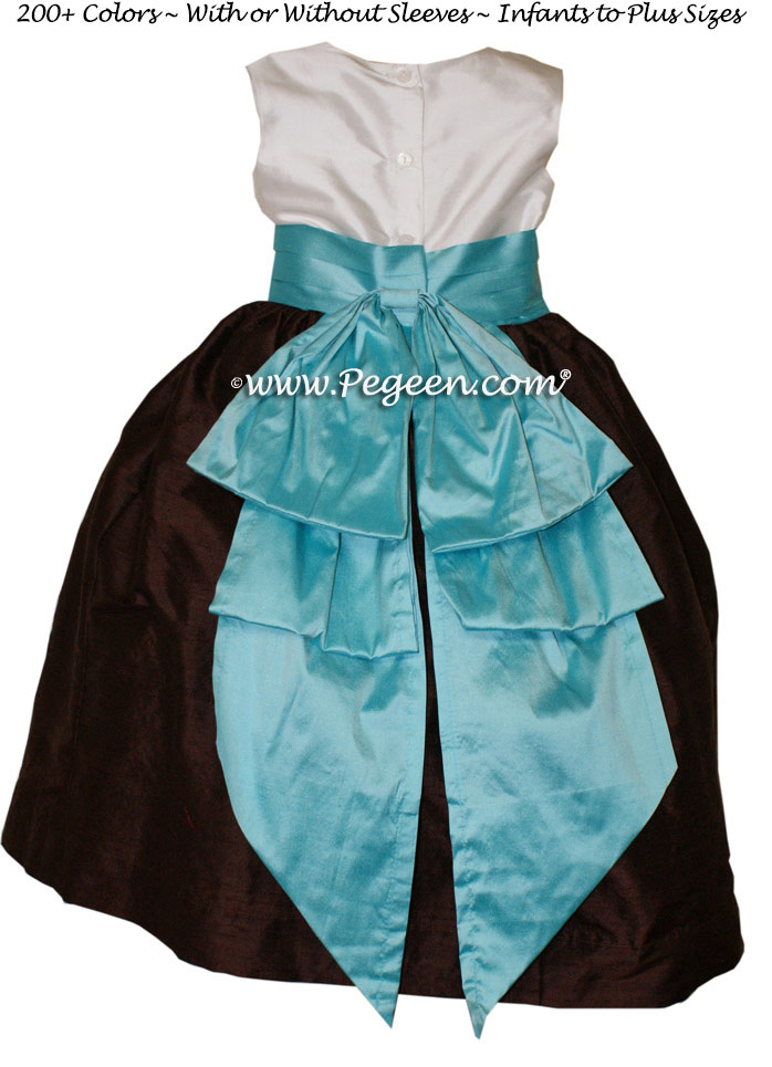 Tiffany Blue and chocolate brown Silk Flower Girl Dresses Style 345