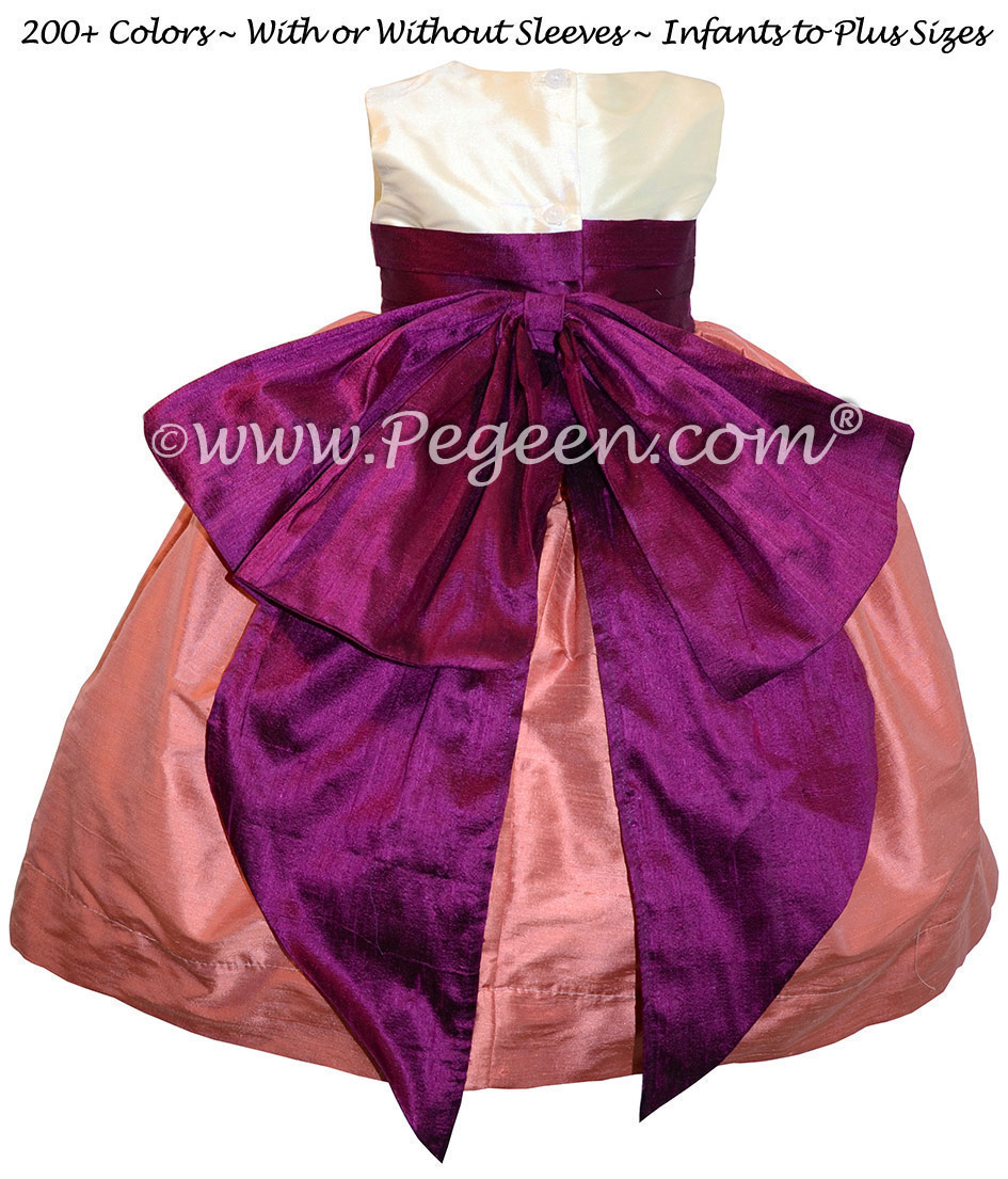 Coral Rose & Berry Silk Cinderella Style Bow FLOWER GIRL DRESSES