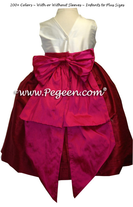 Cranberry red and raspberry pink custom silk flower girl dresses