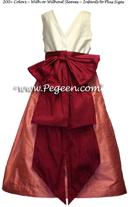 SALMON FLAME AND CRANBERRY FLOWER GIRL DRESSES by PEGEEN Style 345 with V-Back