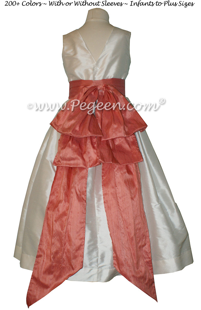 Flower Girl Dress in New Ivory and Coral Rose Style 345 | Pegeen 