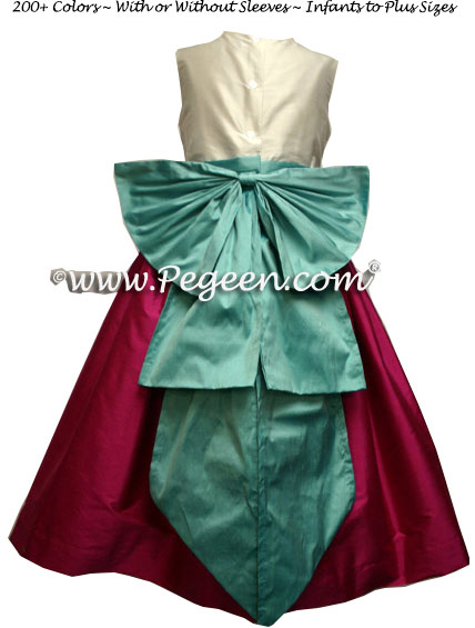 Magenta Pink and Tiffany Blue Junior Bridesmaids Dress with Cinderella Bow