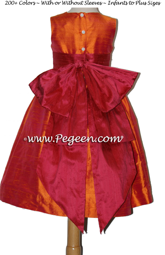 Flower Girl Dresses in Mango Orange and Cranberry Red