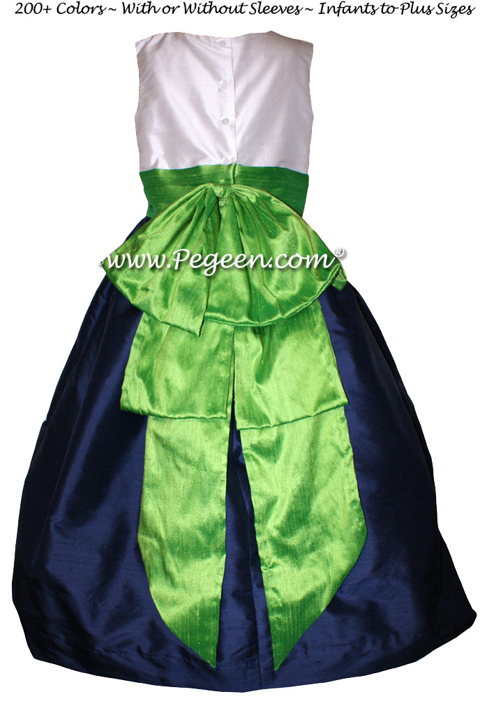 Navy Silk with antique white bodice and Key Lime Green silk Flower Girl Dresses
