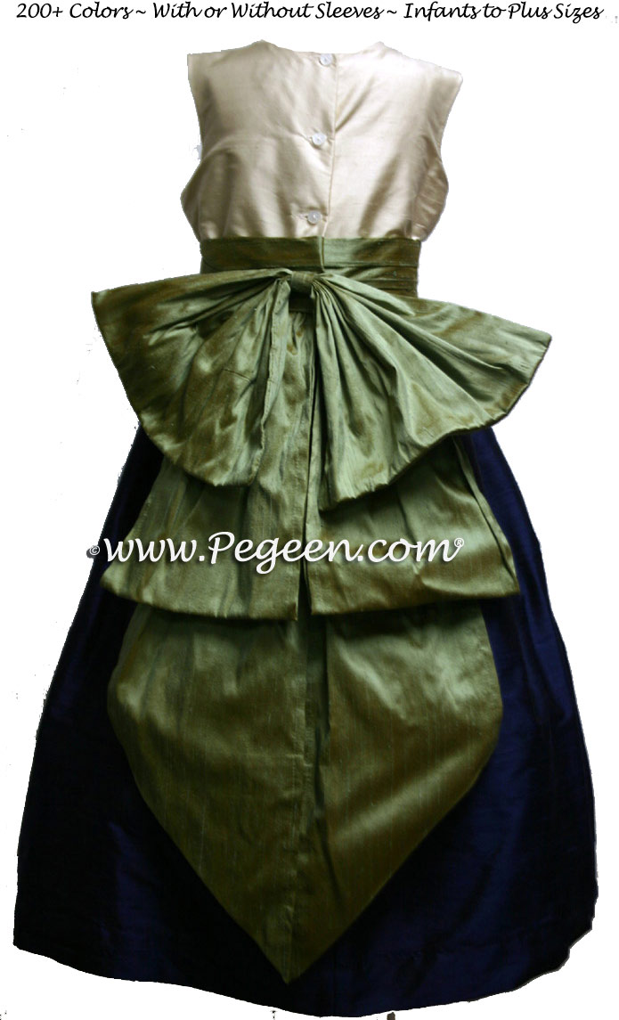 Flower Girl Dress with Cinderella Bow in Navy, Sage Green