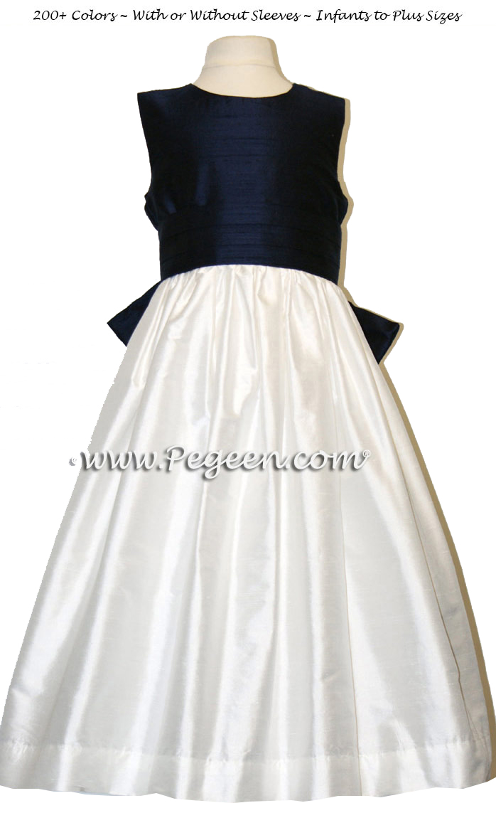 Custom flower girl dress in white and navy silk with V-Back | Pegeen