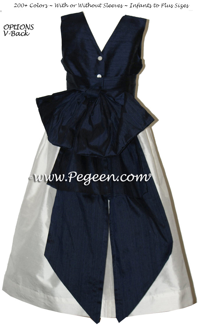 Custom flower girl dress in white and navy silk with V-Back | Pegeen
