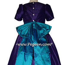 Peacock (teal) and Royal Purple flower girl dresses in silk style 345 by Pegeen