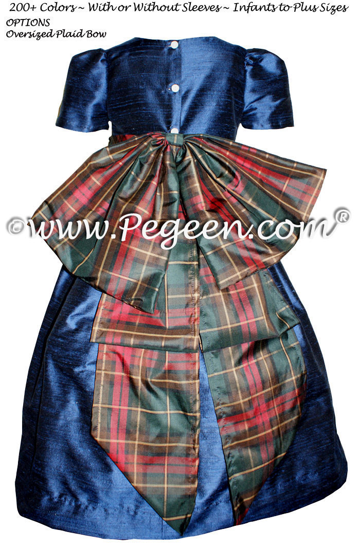 Navy and Christmas Plaid Silk Flower Girl Dresses