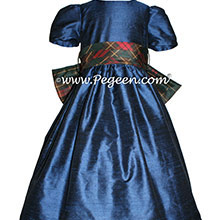 Navy Silk and Christmas Plaid Flower Girl Dresses by PEGEEN