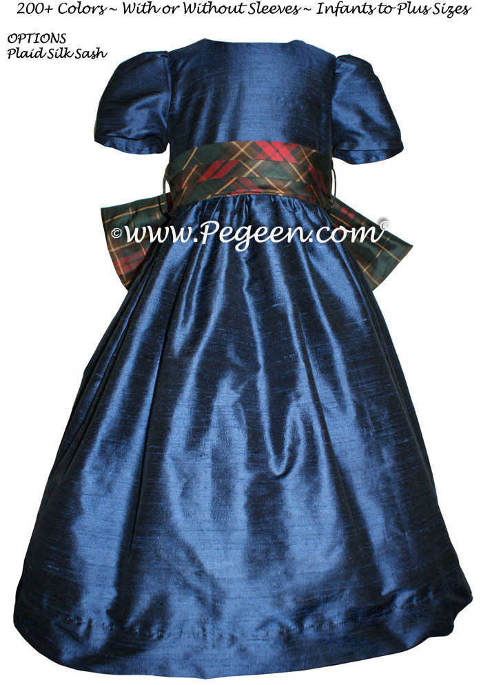 Navy and Christmas Plaid Silk Flower Girl Dresses