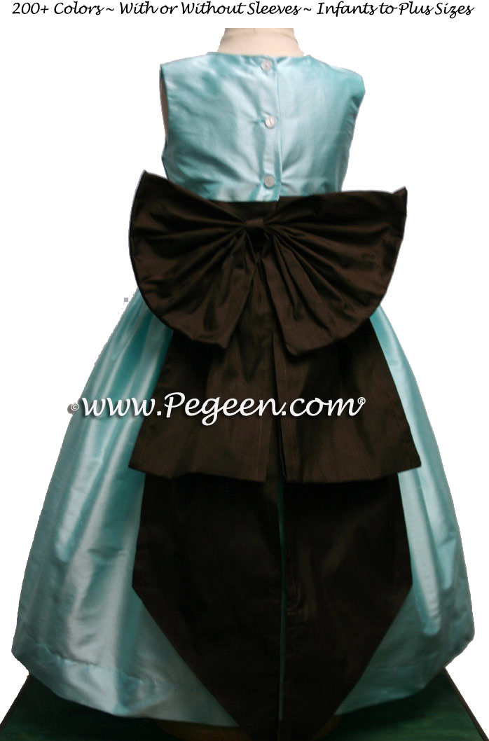 Pond Blue (Tiffany) and Chocolate Brown silk flower girl dresses by PEGEEN