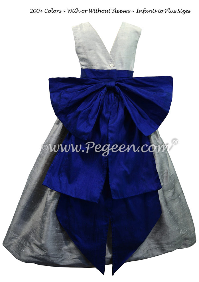 Silver Gray, Platinum Gray and Blue Indigo silk flower girl dresses