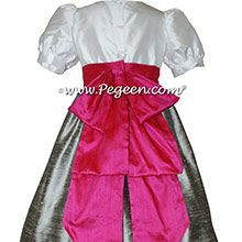 CUSTOM SILK PUFF SLEEVE Flower Girl Dresses IN NEW IVORY SILVER GRAY AND CERISE PINK style 345