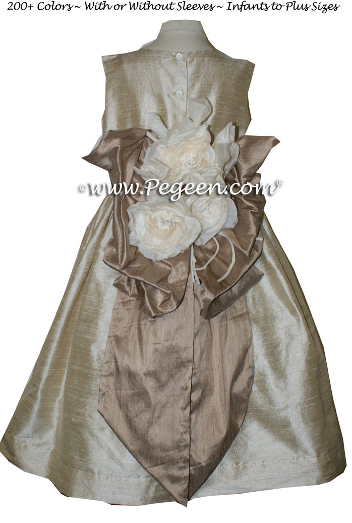 Toffee (light creme) and Antigua Taupe flower girl dresses Style 345