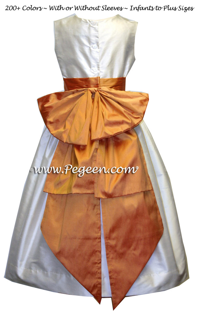 Cantaloupe (melon color) and ivory silk flower girl dresses