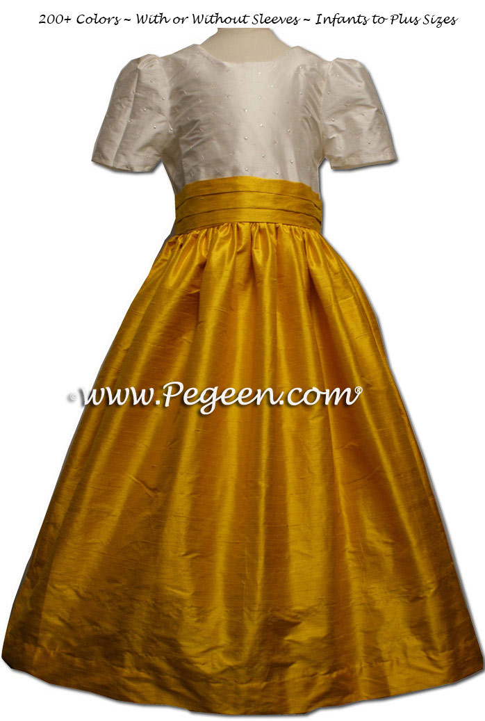 Flower girl dress in White Sequins and Mustard or Goldenrod Yellow Silk | Pegeen